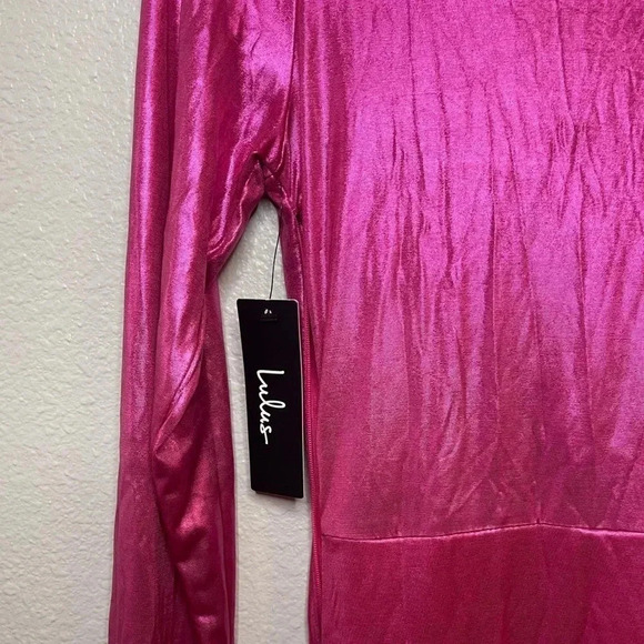 NWT Lulus Glow Like Me Hot Pink Metallic Twist-Front Long Sleeve Dress - Picture 5 of 13